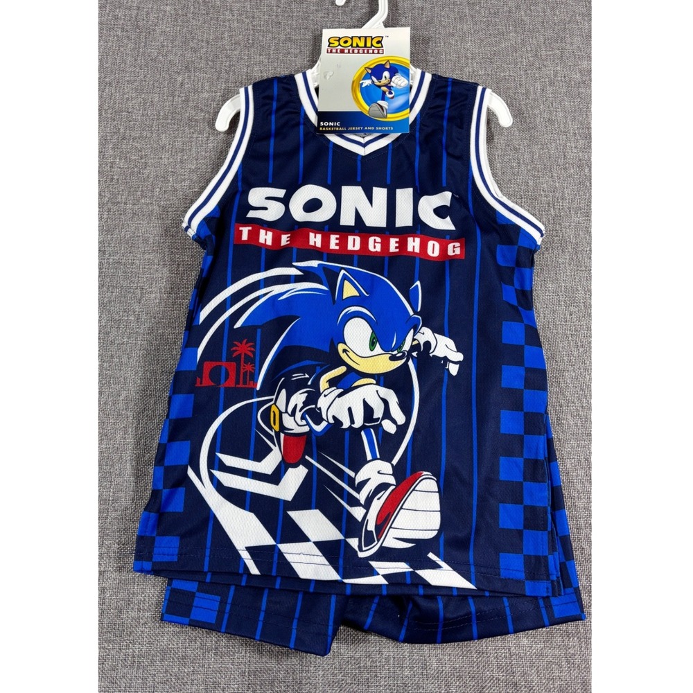 Sonic The Hedgehog Basketball Jersey Shorts Set Pinstripe Blue Boys Size 4/5 NWT